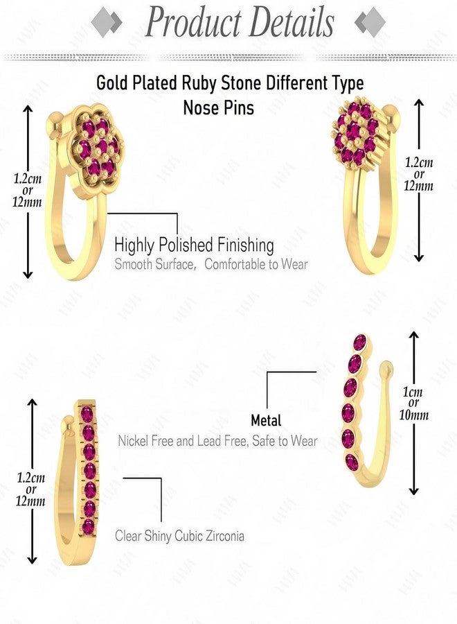 VAMA FASHIONS Gold Plated Ruby Stone Clip On Nose Ring Non Piercing Press on Nosepin Combo for Women - Set of 4 (Clip on Nose rings) - Image 3