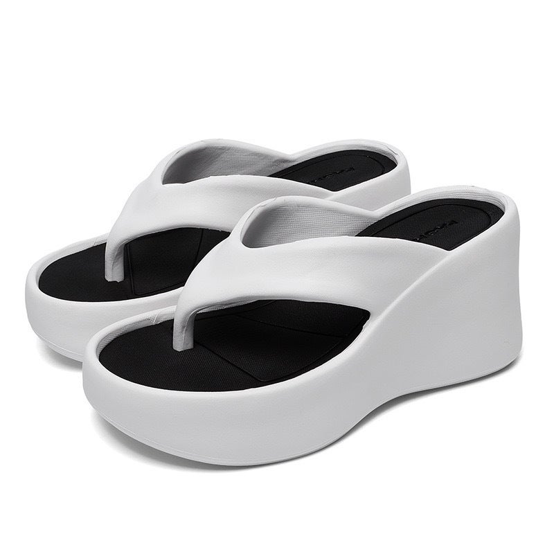 Thick-soled Wedge Herringbone Shoes Womens 2024 Summer New Style Outwear Height-increasing Sandals Wear-resistant Thong Flip-on Beach Slippers White-eva herringbone【8】