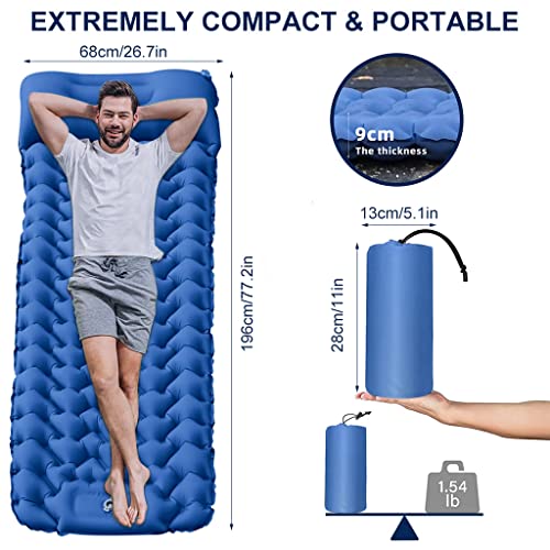 PROBEROS® Polyurethane(Pu) Air Mattress with Pillow and Built-in Foot Pump,Portable Folding Camping Sleeping Bed Inflatable Mattress for Camping Backpacking Hiking Traveling Tent Car(Blue) Single - Image 3