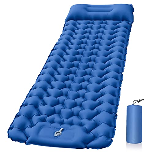 PROBEROS® Polyurethane(Pu) Air Mattress with Pillow and Built-in Foot Pump,Portable Folding Camping Sleeping Bed Inflatable Mattress for Camping Backpacking Hiking Traveling Tent Car(Blue) Single - Image 1