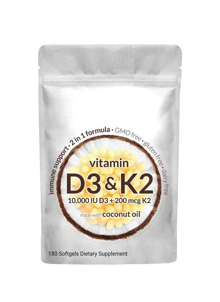 Vitamin D3 10000 iu Plus K2 MK 7 200 mcg 180 Virgin Coconut Oil Softgels 2 in 1 Vitamins D K Complex Supports Calcium Absorption Bone Immune Heart Health Easy to Swallow  - Image 1