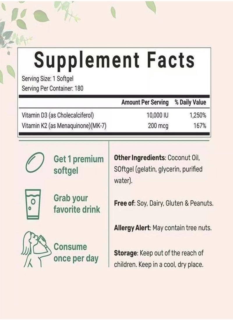 Vitamin D3 10000 iu Plus K2 MK 7 200 mcg 180 Virgin Coconut Oil Softgels 2 in 1 Vitamins D K Complex Supports Calcium Absorption Bone Immune Heart Health Easy to Swallow  - Image 4