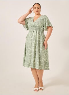 Styli Plus Size All-Over Printed V Neck A-Line Midi Dress  - Image 2