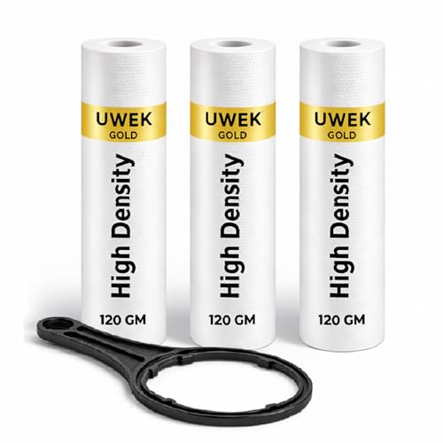 UWEK Gold 10 Inch High Density Spun Pre Filter 5 Micron PP Spun Cartridge 120 gm Sediment Filter Candle Compatible with Pre-Filter Housing of RO Water Purifier (Pack of 3 Spun + Spanner) - Image 1