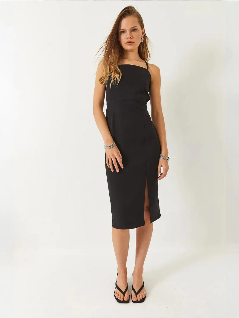 Bianco Lucci LUCCI Fitted Midi Dress with Square Collar and Slit