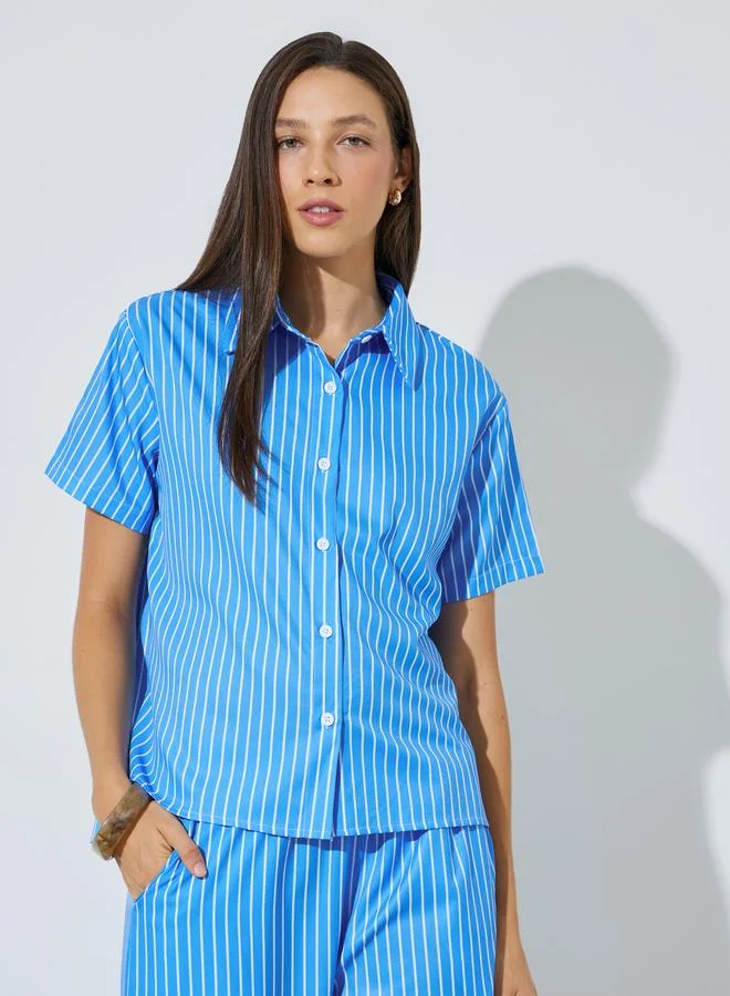 Styli Blue Striped Shirt and Pants Co-ord Set