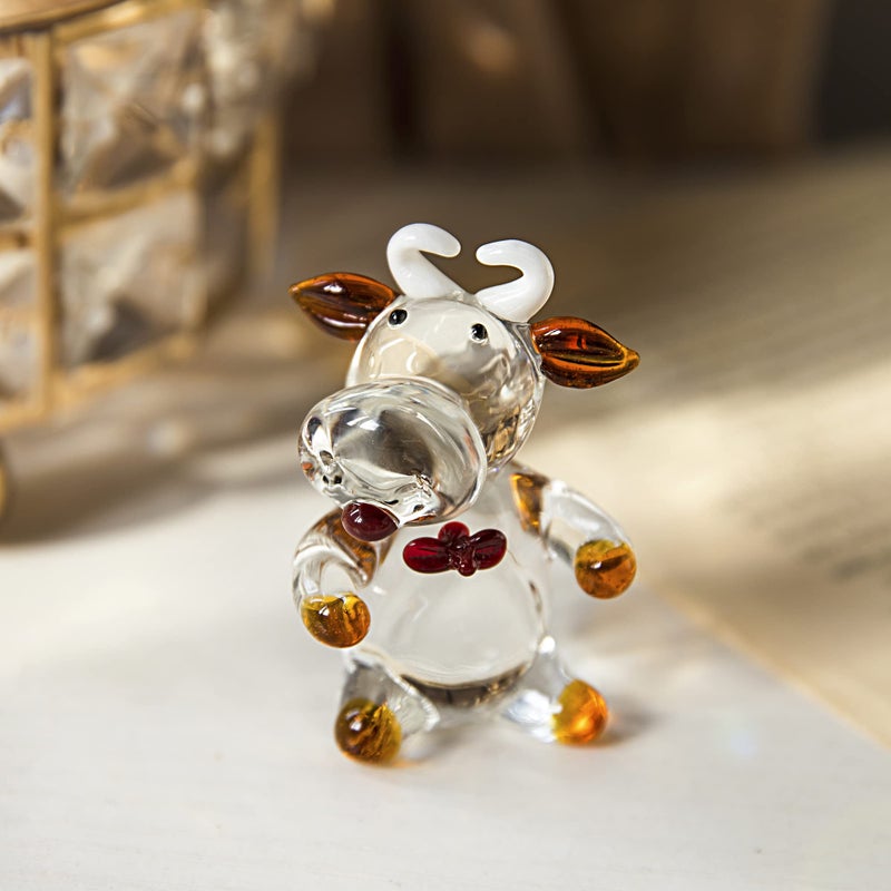 QFkris Mini Cow Sculpture Hand Blown Glass Animal Art Farm Figurine Animals Miniature Collectible Decor Blown