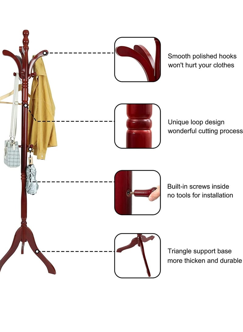 Loquat Coat Rack Hanger Stand Free Standing Coat Tree Wooden Hat Stand Adjustable Height Clothes Tree Stands with 13 Hooks for Bag Hat Dress - Image 4