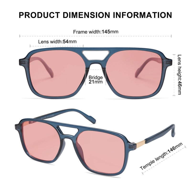 SOJOS Retro Aviator Sunglasses for Women Men,Trendy Rectangle Womens Mens Shades Sun Glasses SJ2202 Blue Frame Light Red Lens - Image 4