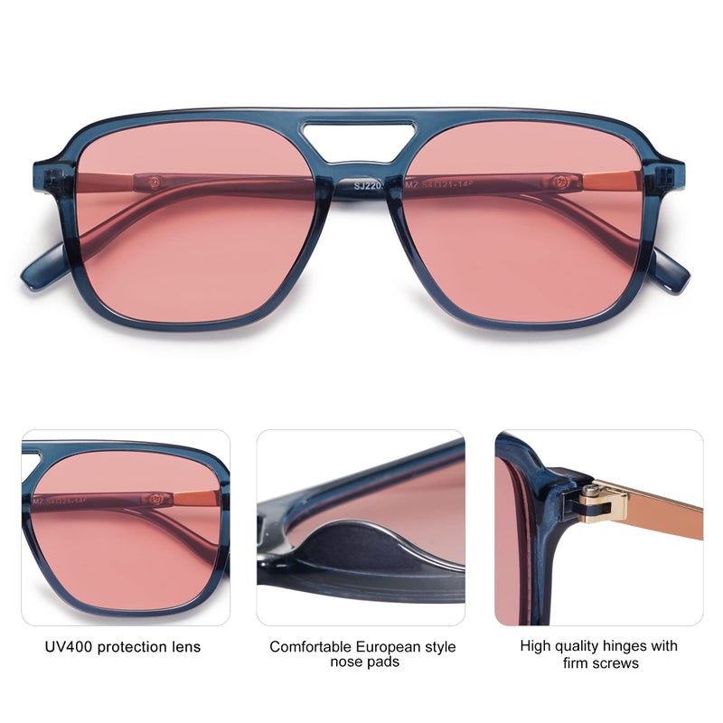 SOJOS Retro Aviator Sunglasses for Women Men,Trendy Rectangle Womens Mens Shades Sun Glasses SJ2202 Blue Frame Light Red Lens - Image 5