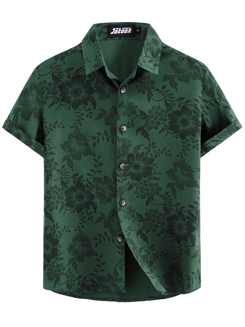 JOTOOK Boys Hawaiian Shirt Short Sleeve Button Down Shirt Casual Floral Tropical Beach Shirts 6-14 Years 8 Green Flower - Image 1