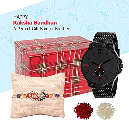 Relish Analog Watch, Rakhi, Roli Chawal and Wishing Card Gift for Brother | Rakhi for Brother with Gift Combo Set Brother Rakhi Gift Set - Image 2