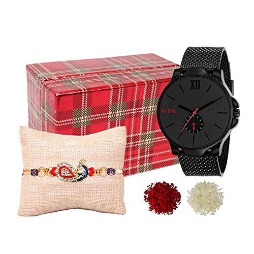 Relish Analog Watch, Rakhi, Roli Chawal and Wishing Card Gift for Brother | Rakhi for Brother with Gift Combo Set Brother Rakhi Gift Set - Image 1