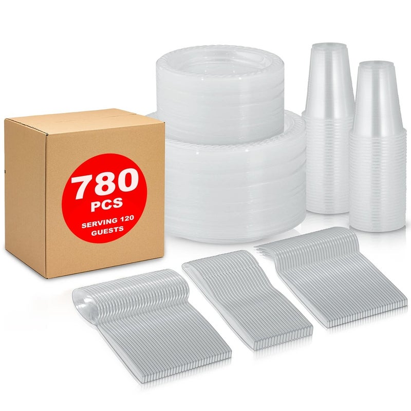 780 Piece Disposable Clear Tableware Set for 120 Guests By Framo Microwavable Plastic Dinnerware Set of 120 9 Plates 180 6 Dessert Plates 120 9oz Cups120 Spoons Forks Knives
