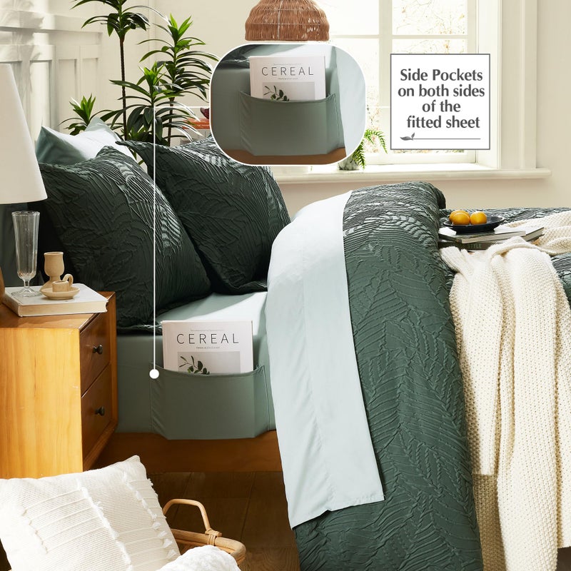 Geniospin King Size Comforter Set - 7 Pieces Dark Green Bedding Set, Botanical Textured Comforter Bed Set, All Season Lightweight Bed in a Bag with Comforter, Sheets, Pillowcases & Shams - Image 3