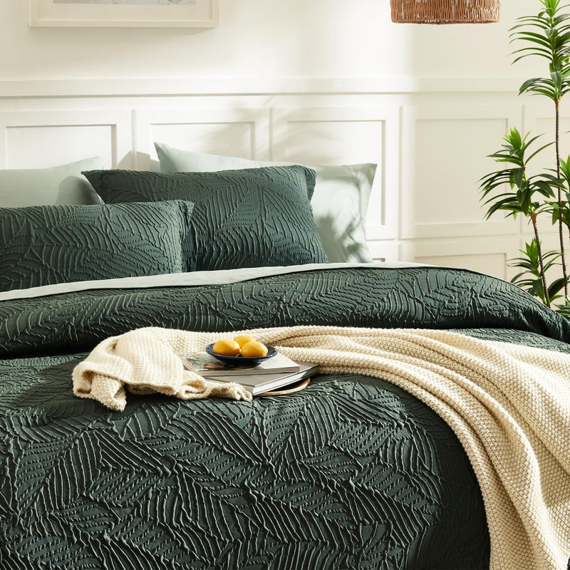 Geniospin King Size Comforter Set - 7 Pieces Dark Green Bedding Set, Botanical Textured Comforter Bed Set, All Season Lightweight Bed in a Bag with Comforter, Sheets, Pillowcases & Shams - Image 4