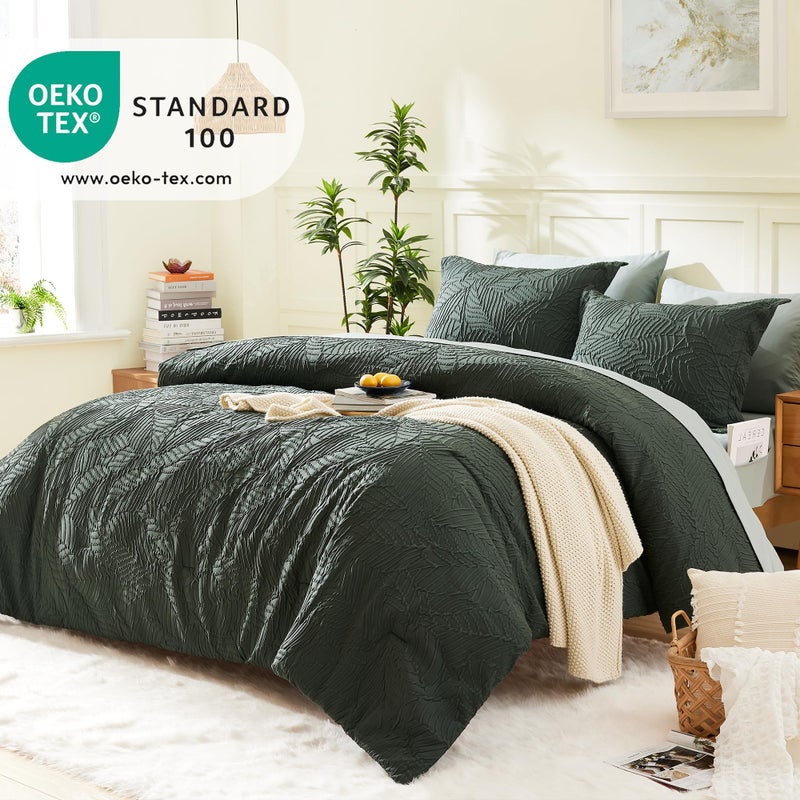 Geniospin King Size Comforter Set - 7 Pieces Dark Green Bedding Set, Botanical Textured Comforter Bed Set, All Season Lightweight Bed in a Bag with Comforter, Sheets, Pillowcases & Shams - Image 2