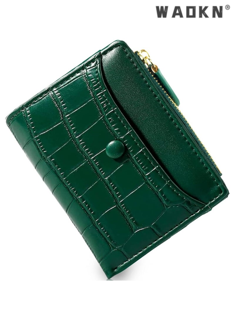 WAOKN Wallet for Women with Bifold Compact Size, Classic Women Wallet with Stylish Texture Patterns, Handy Ladies Wallet Gift for Birthday and Party(Green) - Image 1