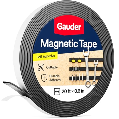 GAUDER Magnetic Tape with 3M Adhesive - Strong Self-Adhesive Magnet Strip - Strong Magnetic Tape Roll with Cuttable Length & 3M Sticky Back (20 ft x 0.6 in) - Image 1