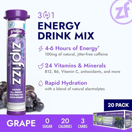 Zipfizz Daily Energy Drink Powder, Grape, 20 Pack | 3-in-1 Sustained Energy, Rapid Hydration, and Essential Vitamins | Sugar-Free | Electrolyte Powder | Contains Vitamin B-12 & Antioxidants - Image 2