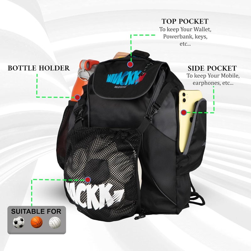 WHACKK Storm Soccer Football Equipment Bag | Sports Men Boys Drawstring Backpack | Mobile Bottle Holder Pocket | Gym Bag (Black) - Image 3