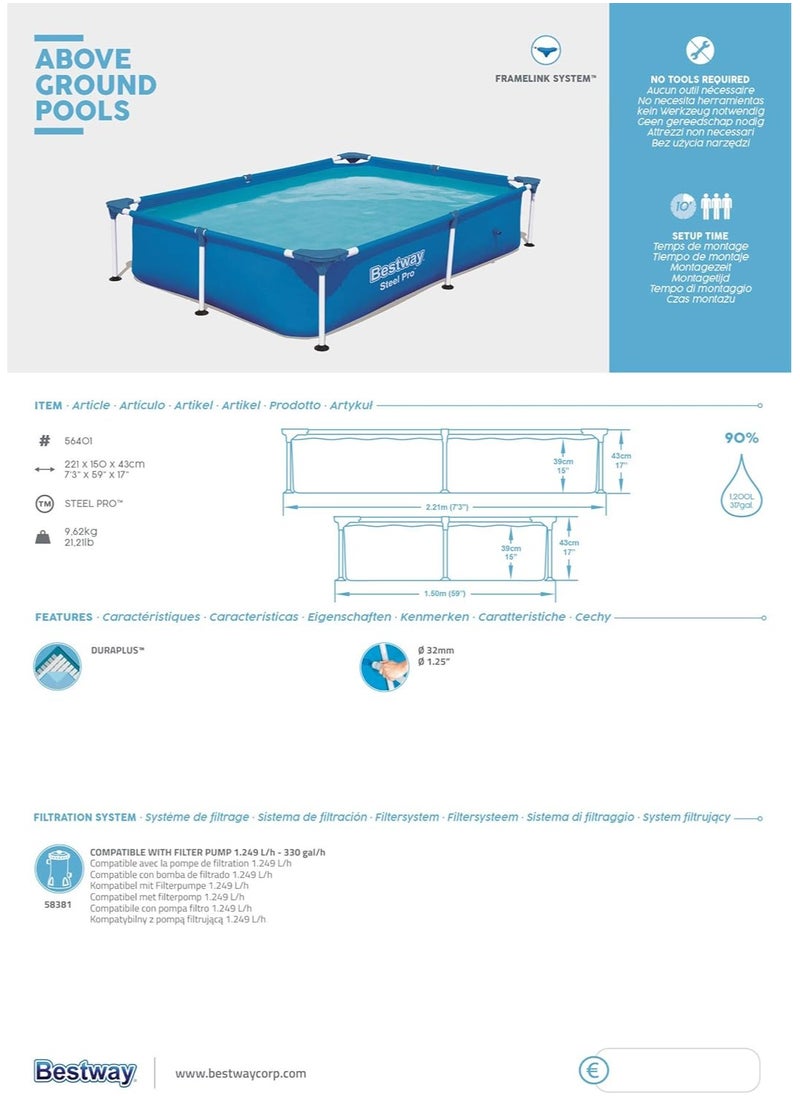 Bestway - 56401-Steel Pro Rectangular Frame Above Ground Swimming Pool 2.21mx1.50mx43cm, 1200L - Image 1