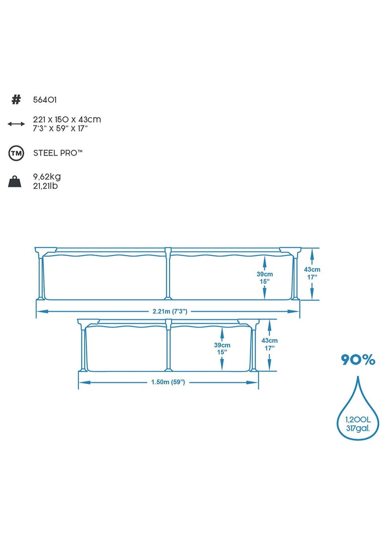 Bestway 56401-Steel Pro Rectangular Frame Above Ground Swimming Pool 2.21mx1.50mx43cm, 1200L  - Image 5