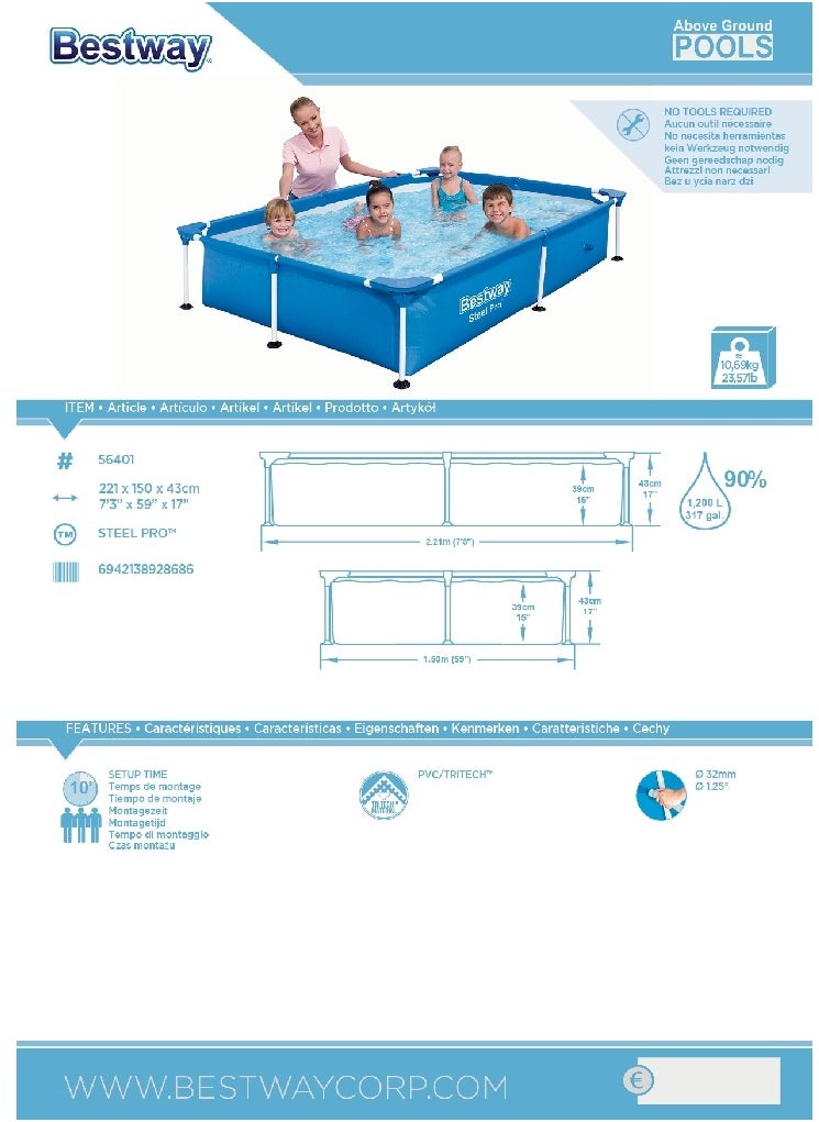 Bestway - 56401-Steel Pro Rectangular Frame Above Ground Swimming Pool 2.21mx1.50mx43cm, 1200L - Image 1