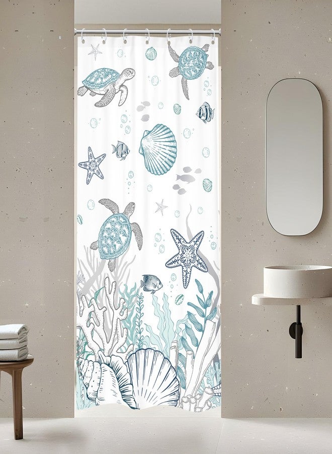 Riyidecor Small Stall Coastal Turtle Shower Curtain for Bathroom Decor 36Wx72H Nautical Ocean Fish Coral Starfish Seashell Beach Kids Art Printed Fabric Polyester Waterproof 7 Pack Plastic Hooks - Image 2