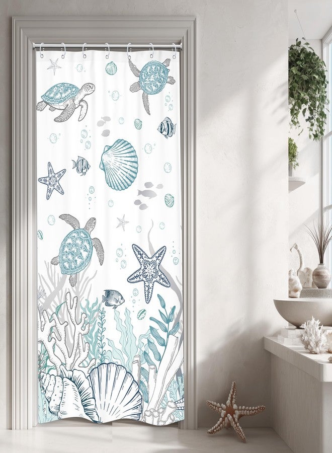 Riyidecor Small Stall Coastal Turtle Shower Curtain for Bathroom Decor 36Wx72H Nautical Ocean Fish Coral Starfish Seashell Beach Kids Art Printed Fabric Polyester Waterproof 7 Pack Plastic Hooks - Image 1