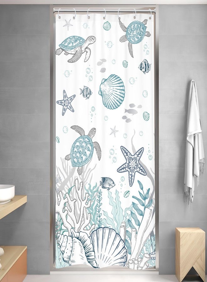 Riyidecor Small Stall Coastal Turtle Shower Curtain for Bathroom Decor 36Wx72H Nautical Ocean Fish Coral Starfish Seashell Beach Kids Art Printed Fabric Polyester Waterproof 7 Pack Plastic Hooks - Image 3