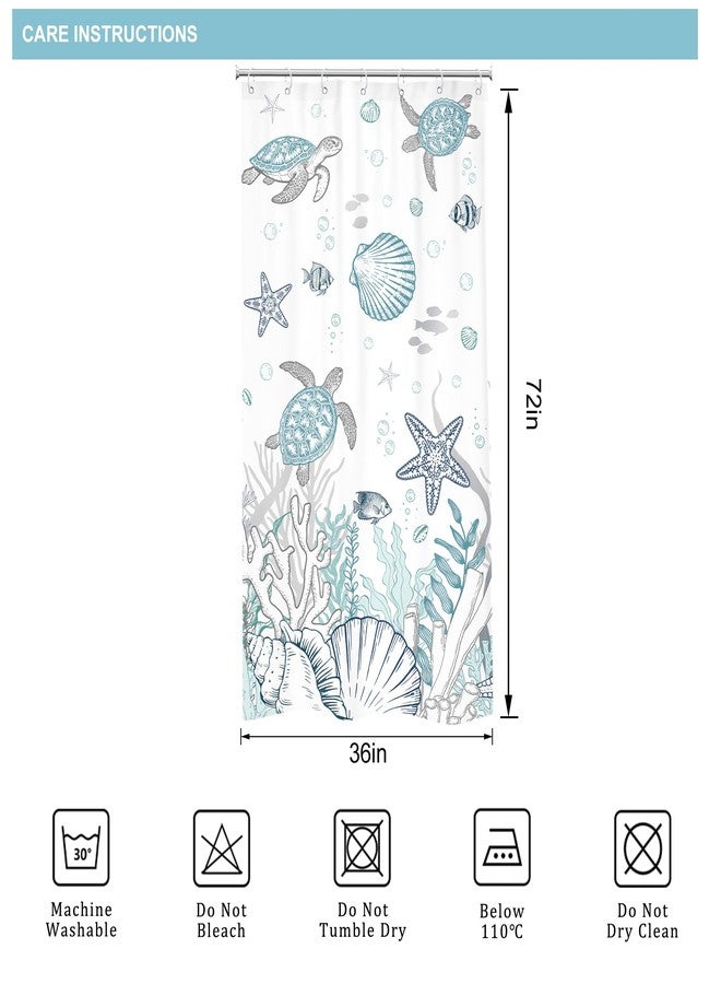 Riyidecor Small Stall Coastal Turtle Shower Curtain for Bathroom Decor 36Wx72H Nautical Ocean Fish Coral Starfish Seashell Beach Kids Art Printed Fabric Polyester Waterproof 7 Pack Plastic Hooks - Image 4
