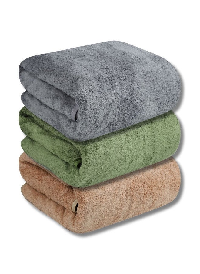 Fezora Beige & Green 3-Piece 450 GSM Microfiber Bath Towel Set - Image 1