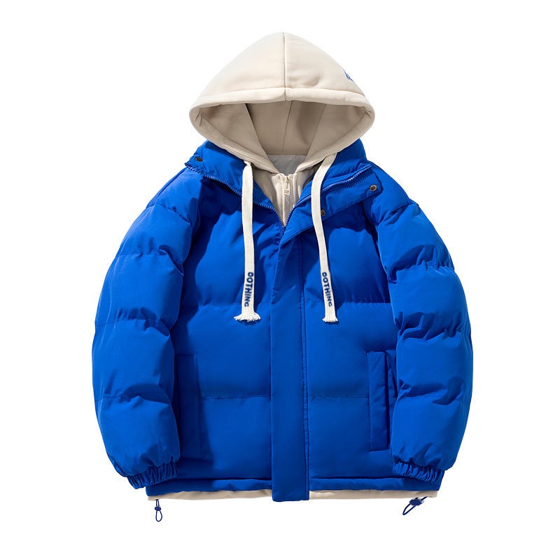 Winter New Mens Thickened Cotton-padded Coat Hooded Fake Two-piece Coat Fashionable Loose Cotton-padded Coat Cotton-padded Coat Bread Coat Cross-border Blue