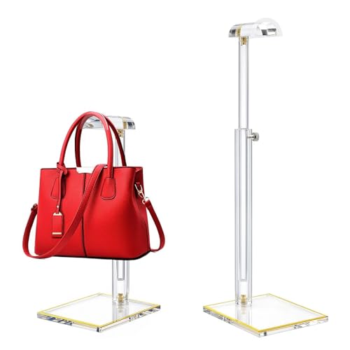 SHUNKAIZS 2Pcs Purse Display Stands, Height Adjustable10"-16"+14"-24", Acrylic Handbag Stands for Display, Clear Holder for Purse Evening Bag Clutch, Bag Table Rack, Purses Hanging Organizer for Closet Retail Vendor - Image 1