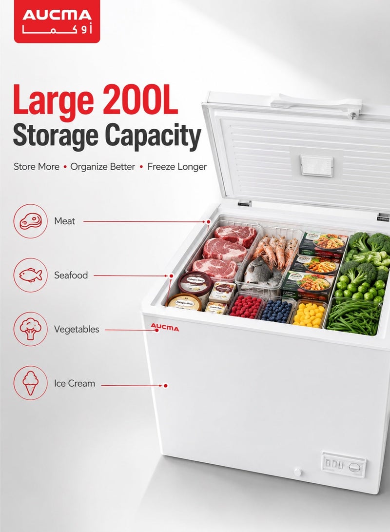 AUCMA 200L (7.1 Cu Ft) Deep Chest Freezer | Rapid Fast Freeze, Ag+ Silver Ion Sterilization, Odor Control, Clear Lid & Defrost Drain | Home & Business | BD-200AF Silver - Image 3