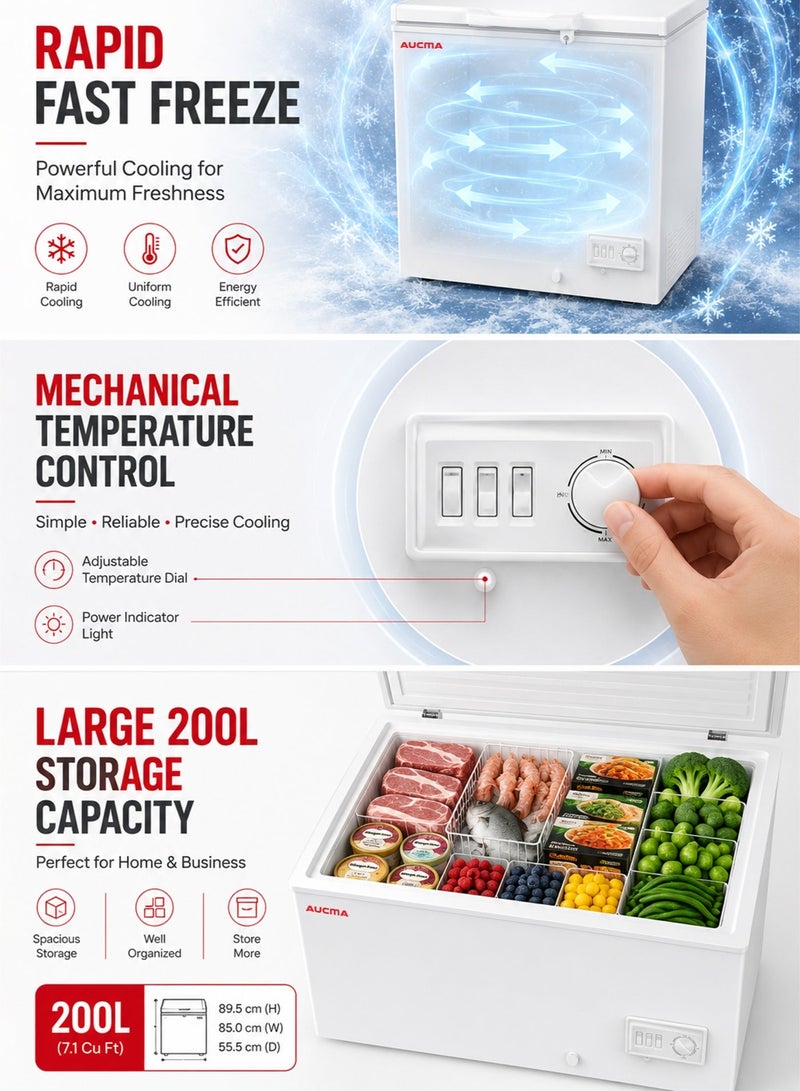AUCMA 200L (7.1 Cu Ft) Deep Chest Freezer | Rapid Fast Freeze, Ag+ Silver Ion Sterilization, Odor Control, Clear Lid & Defrost Drain | Home & Business | BD-200AF Silver - Image 5