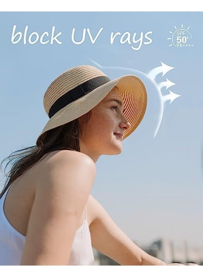 Straw Sun Hat for Women, Wide Brim Floppy Beach Hat for Big Heads, Adjustable Travel Hat with Chin Strap, UPF 50 Summer Foldable and Roll-up Hat - Image 4