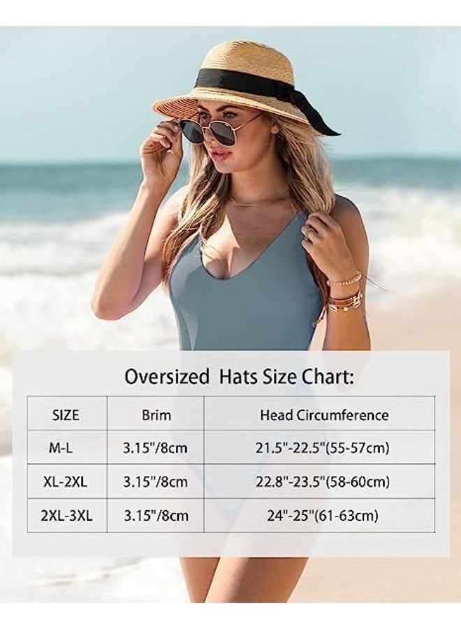 Straw Sun Hat for Women, Wide Brim Floppy Beach Hat for Big Heads, Adjustable Travel Hat with Chin Strap, UPF 50 Summer Foldable and Roll-up Hat - Image 5