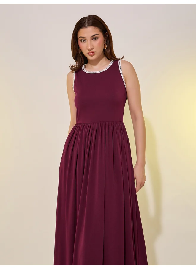 تايك تو Take Two Solid Lace Trim Sleeveless A-Line Midi Dress