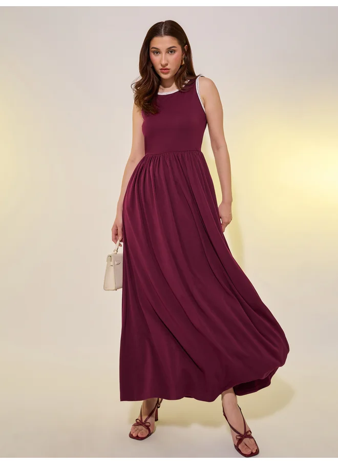 تايك تو Take Two Solid Lace Trim Sleeveless A-Line Midi Dress