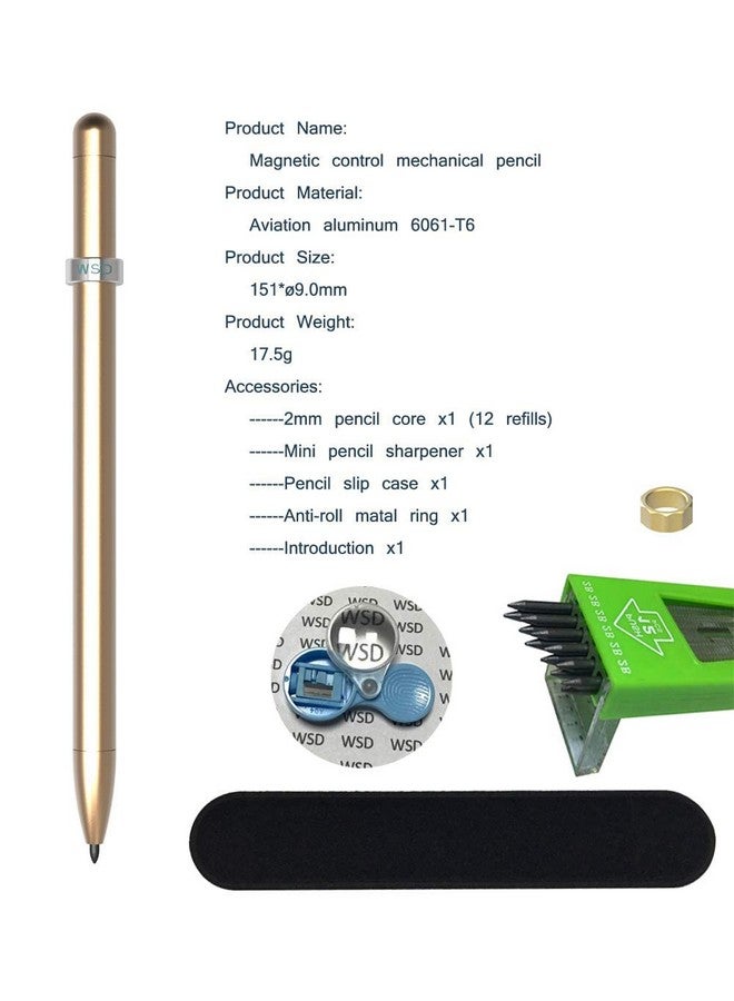WSD Mechanical Pencil,Drawing Pencils,Sketch Pencils,Magnetic Control Pencil,Pencil Refills Diameter2.0Mm, 2B Gold - Image 5