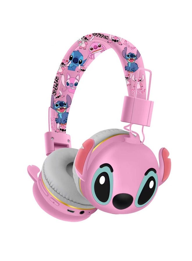 Upgraded pink Stitch pattern Bluetooth wireless headset for children, noise-cancelling wireless headset for children, suitable for TF card, mobile phone, tablet computer  - Image 1