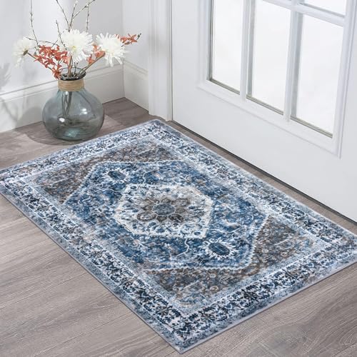 KOZYFLY Small Area Rug 2x3 Ft Rugs for Entryway Washable Boho Entry Rug Non Slip Door Mat Indoor Entrance Blue Printed Faux Wool Vintage Printed Kitchen Rug Throw Rugs for Entrance Kitchen Bathroom - Image 1