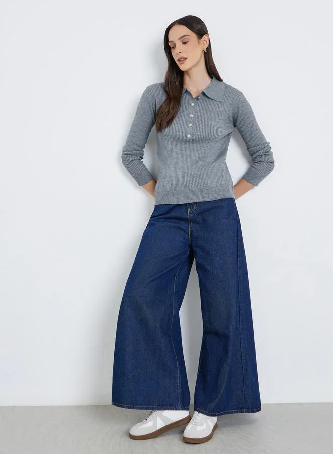 Styli Styli Women Grey Ribbed Knit Polo Top