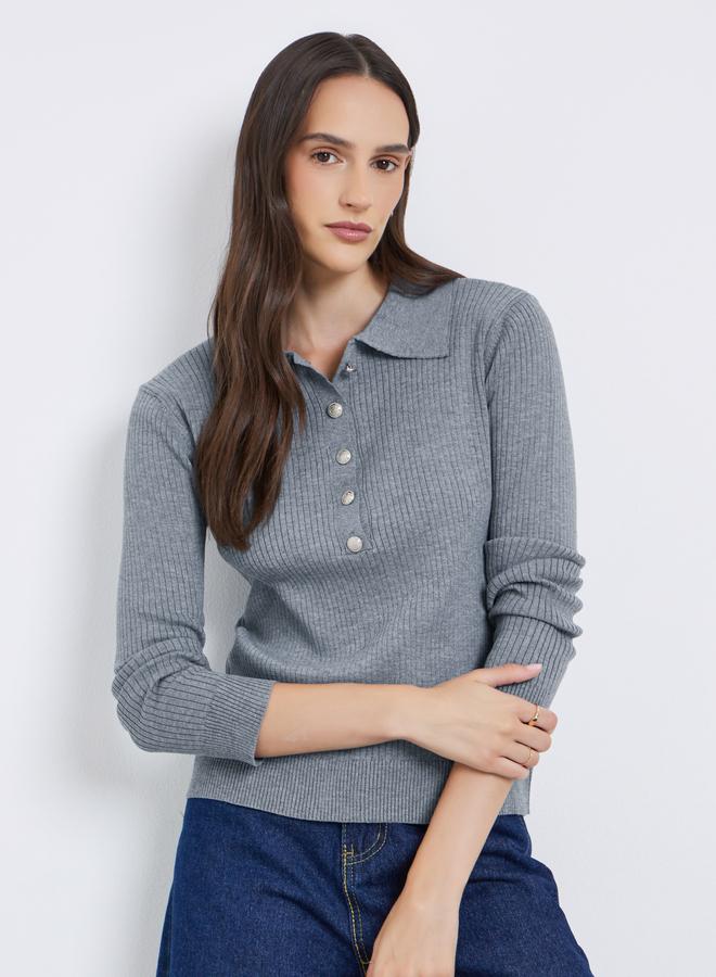 ستايلي بلوزة بولو نسائية محبوكة مضلعة رمادية - Image 1