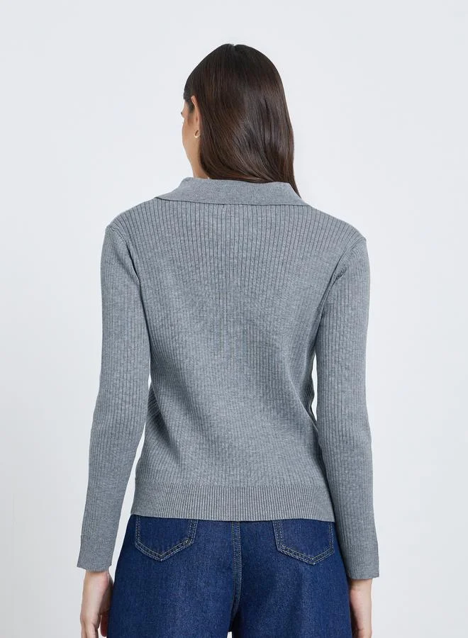 Styli Styli Women Grey Ribbed Knit Polo Top