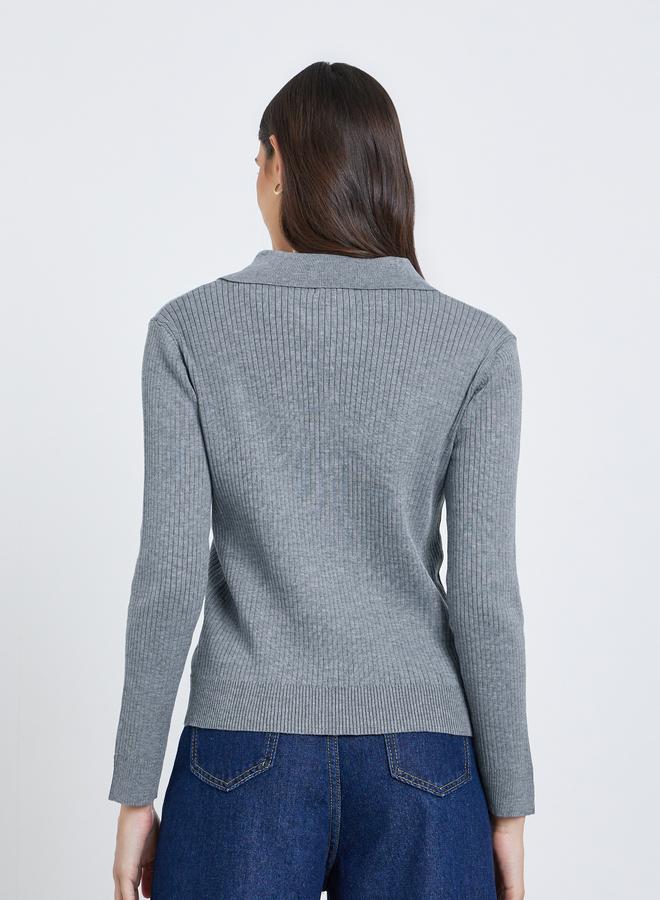 ستايلي بلوزة بولو نسائية محبوكة مضلعة رمادية - Image 4