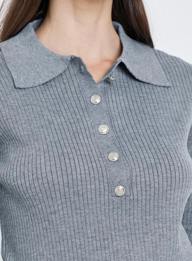 Styli Styli Women Grey Ribbed Knit Polo Top
