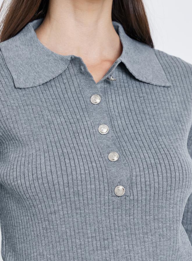 ستايلي بلوزة بولو نسائية محبوكة مضلعة رمادية - Image 3